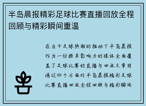 半岛晨报精彩足球比赛直播回放全程回顾与精彩瞬间重温