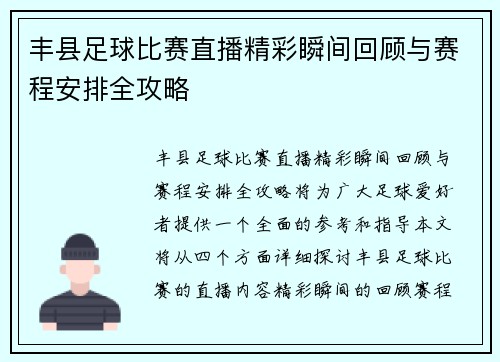 丰县足球比赛直播精彩瞬间回顾与赛程安排全攻略
